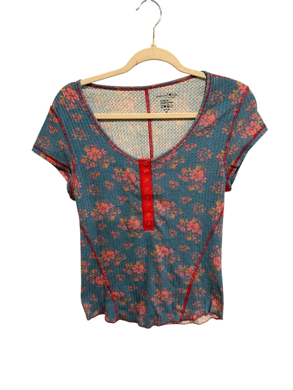 NATURAL LIFE Teal Short Sleeve Scoop Neck Top with Coral Floral Print - Size M